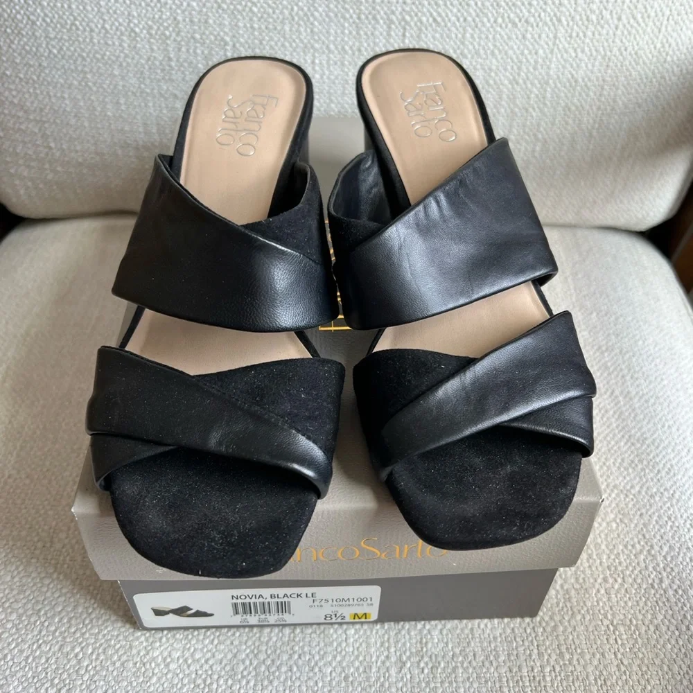 Franco Sarto Black Leather Sandals Mules with Block Heel Size 8.5